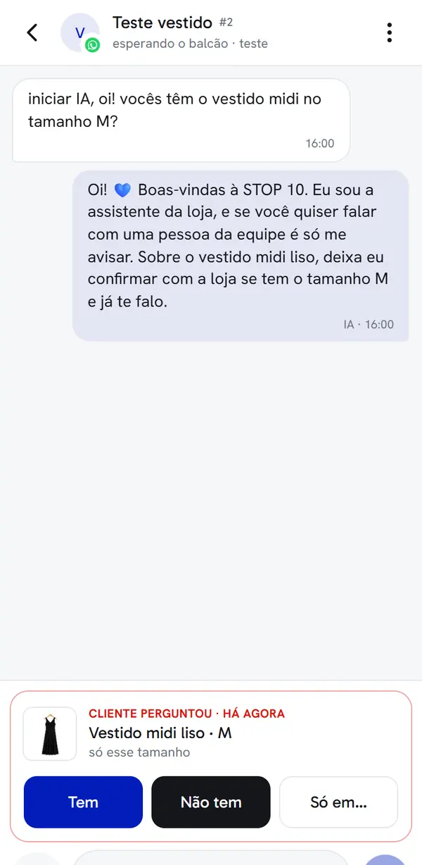 Tela do app: A cliente pergunta no WhatsApp.