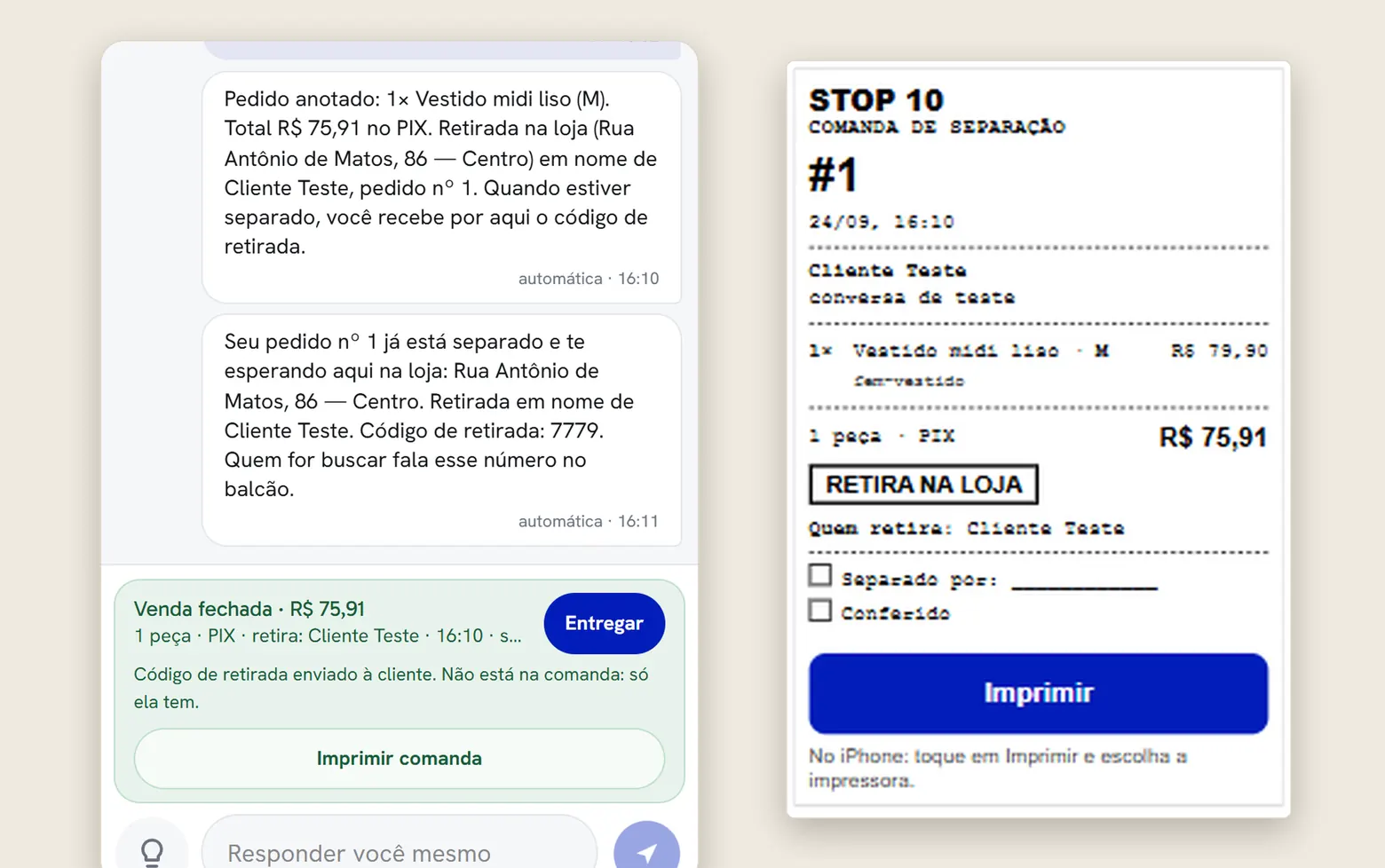 Painel da STOP 10: Venda fechada e comanda
